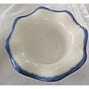 Vintage Unmarked White Ceramic Scalloped Bowl Blue Spongeware Trim Ruffled Edge